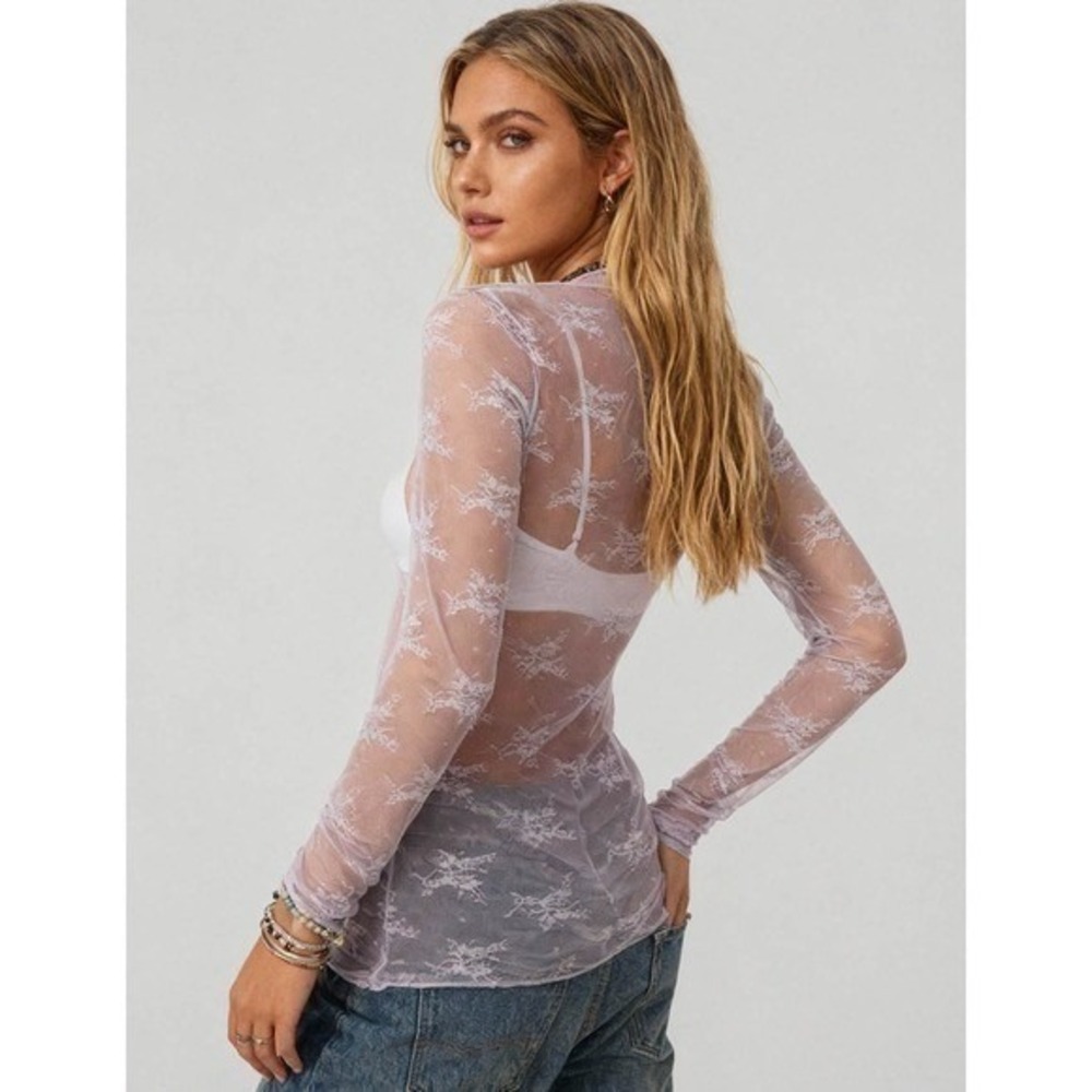 NWT Y2K LUX Large Fitted Pink Sheer Lace Mock Neck Layering Thumbhole Top